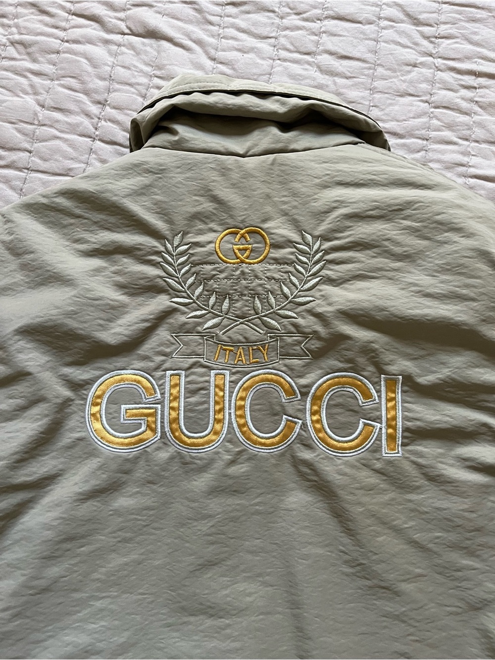 Gucci Light Khaki Embroidered Logo Bomber Jacket with Gold Accents